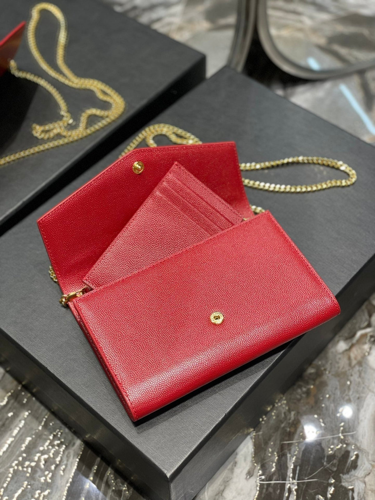 Saint Laurent Uptown Chain Wallet 19 Red Grained Calfskin