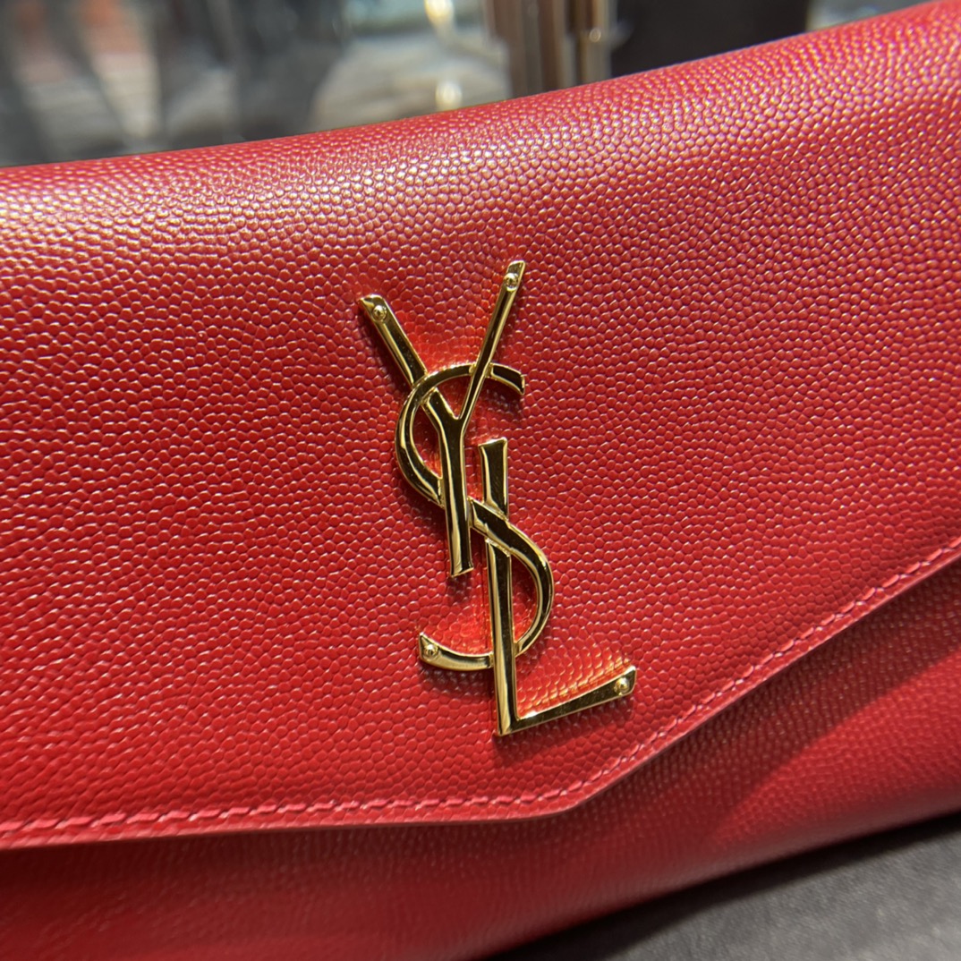Saint Laurent Uptown Chain Wallet 19 Red Grained Calfskin