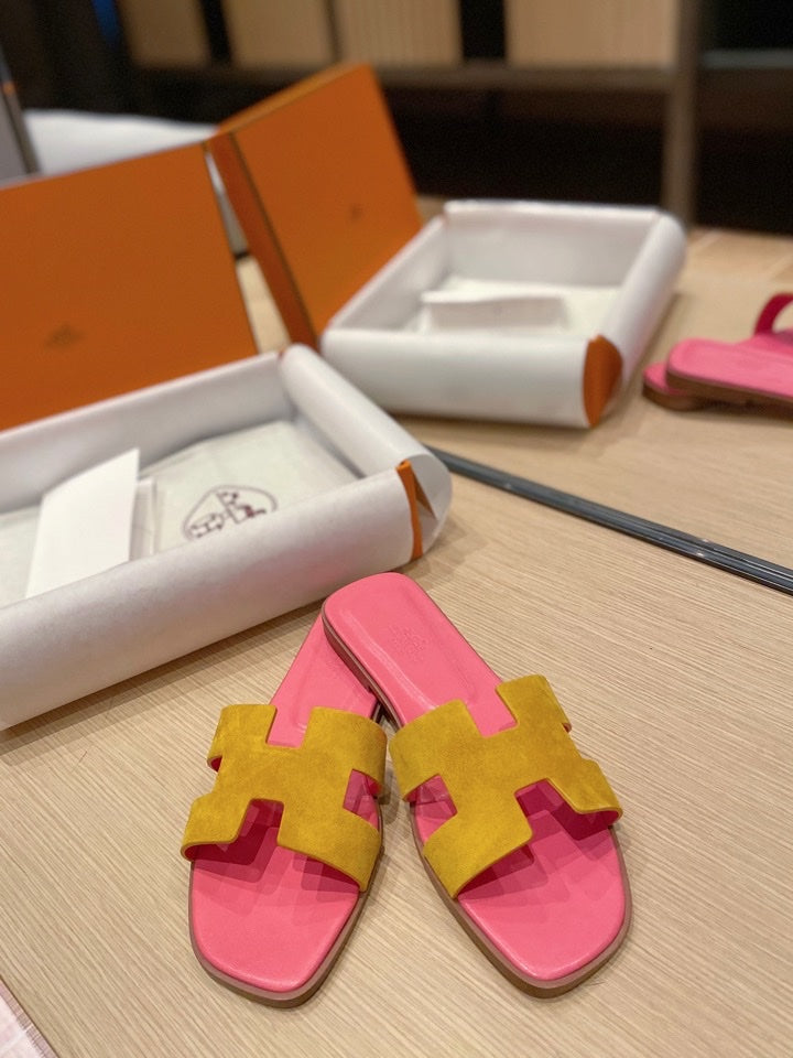 Hermes 0RAN Sandals in Dijon Yellow Suede and Deep Pink Calfskin