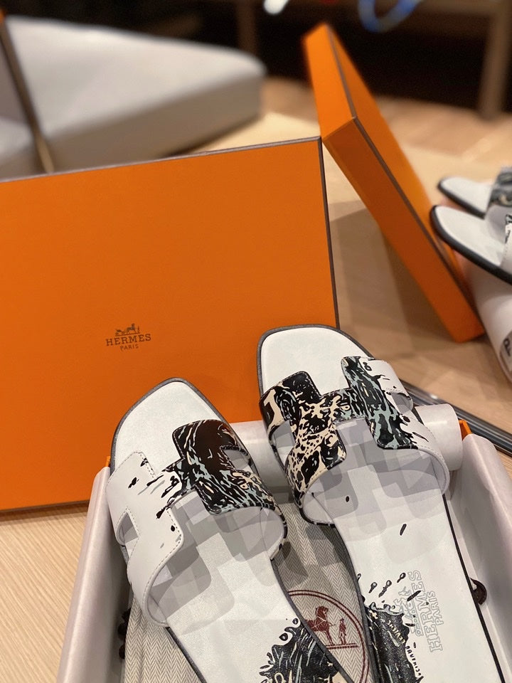 Hermes 0RAN Sandals in White Mix Colorful Calfskin
