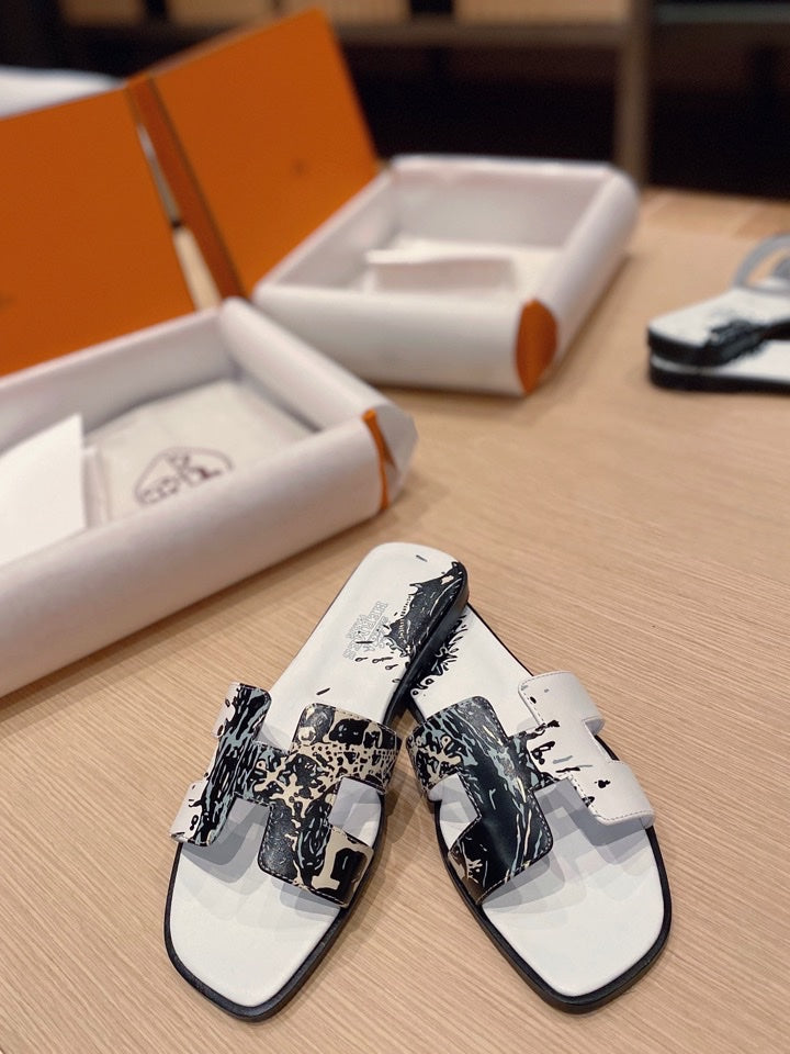 Hermes 0RAN Sandals in White Mix Colorful Calfskin