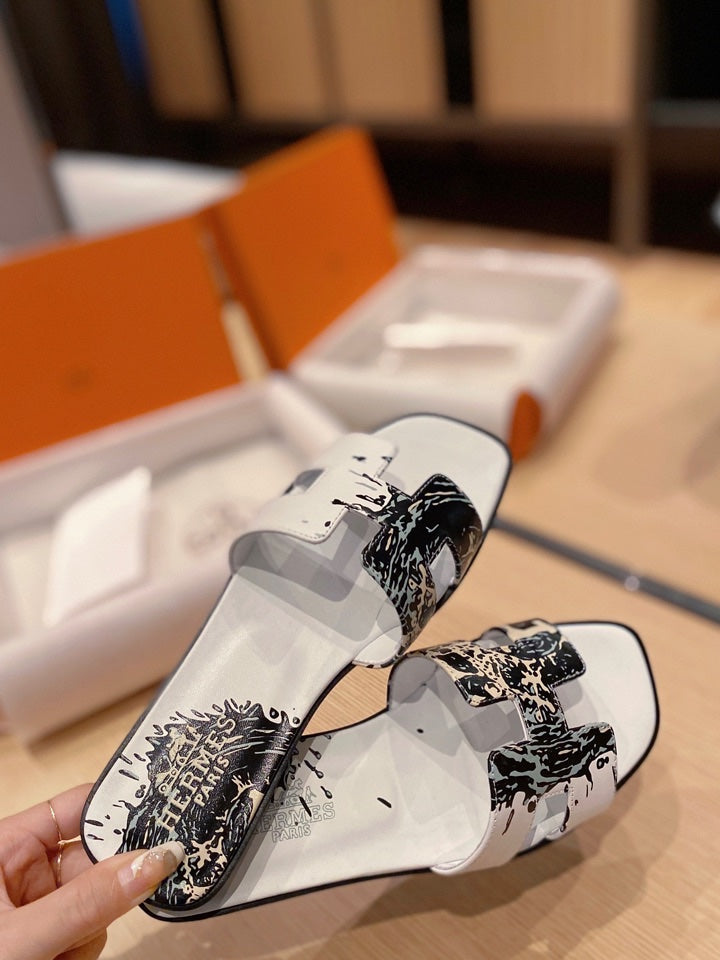 Hermes 0RAN Sandals in White Mix Colorful Calfskin
