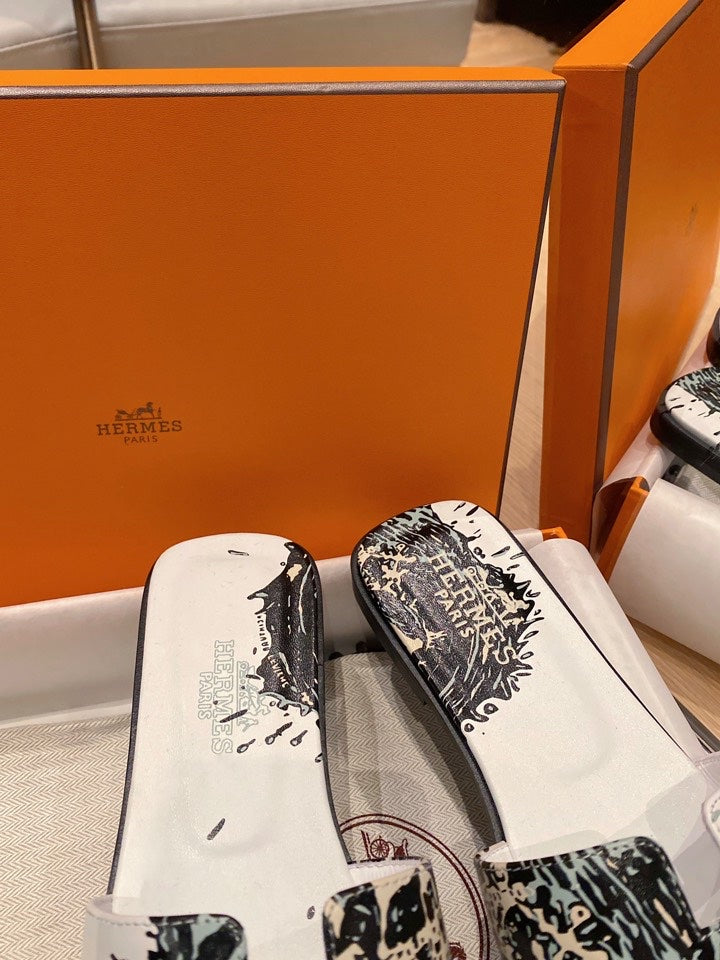 Hermes 0RAN Sandals in White Mix Colorful Calfskin