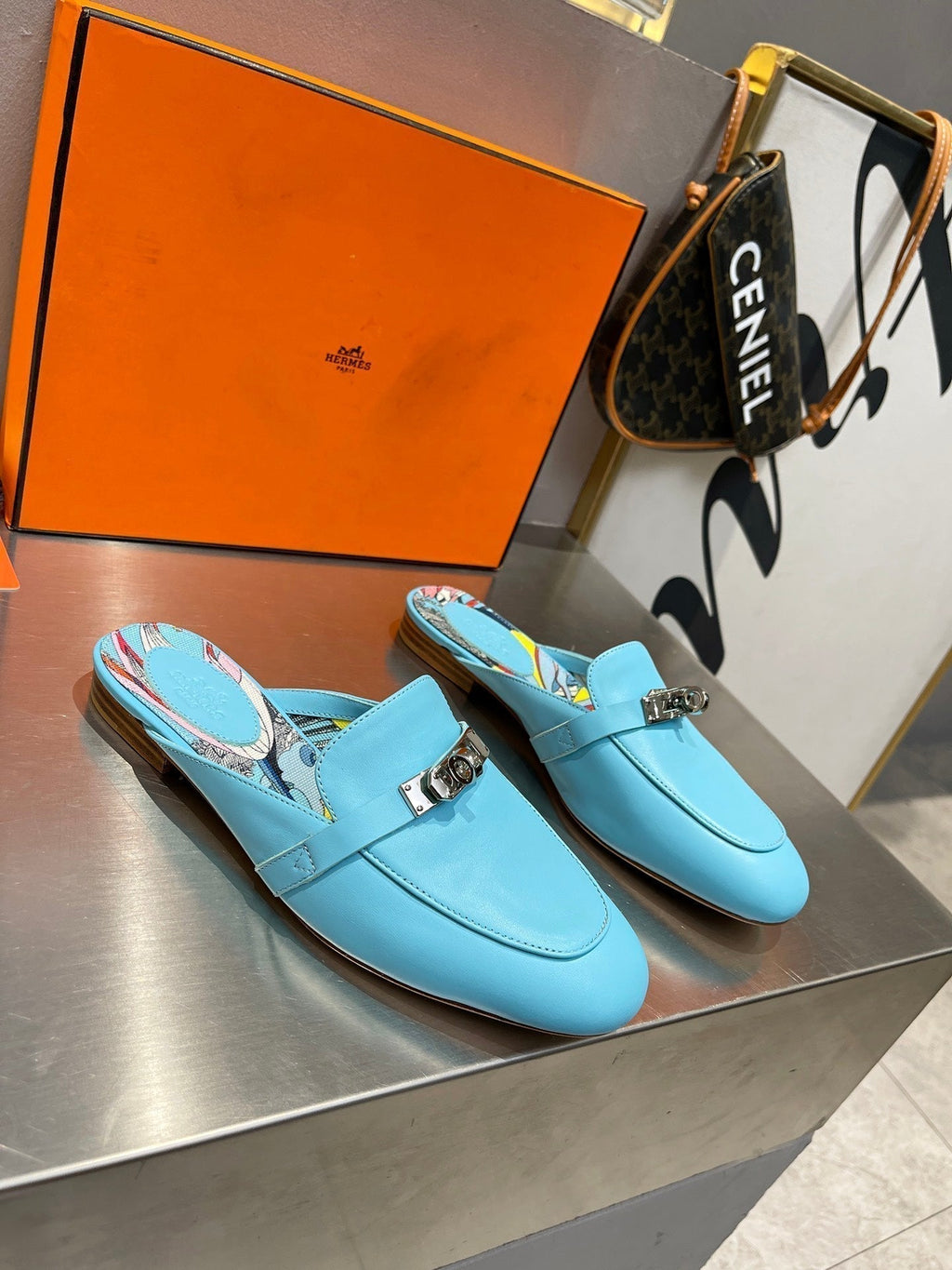 Hermes 0Z Mule Sky Calfskin with Pattern
