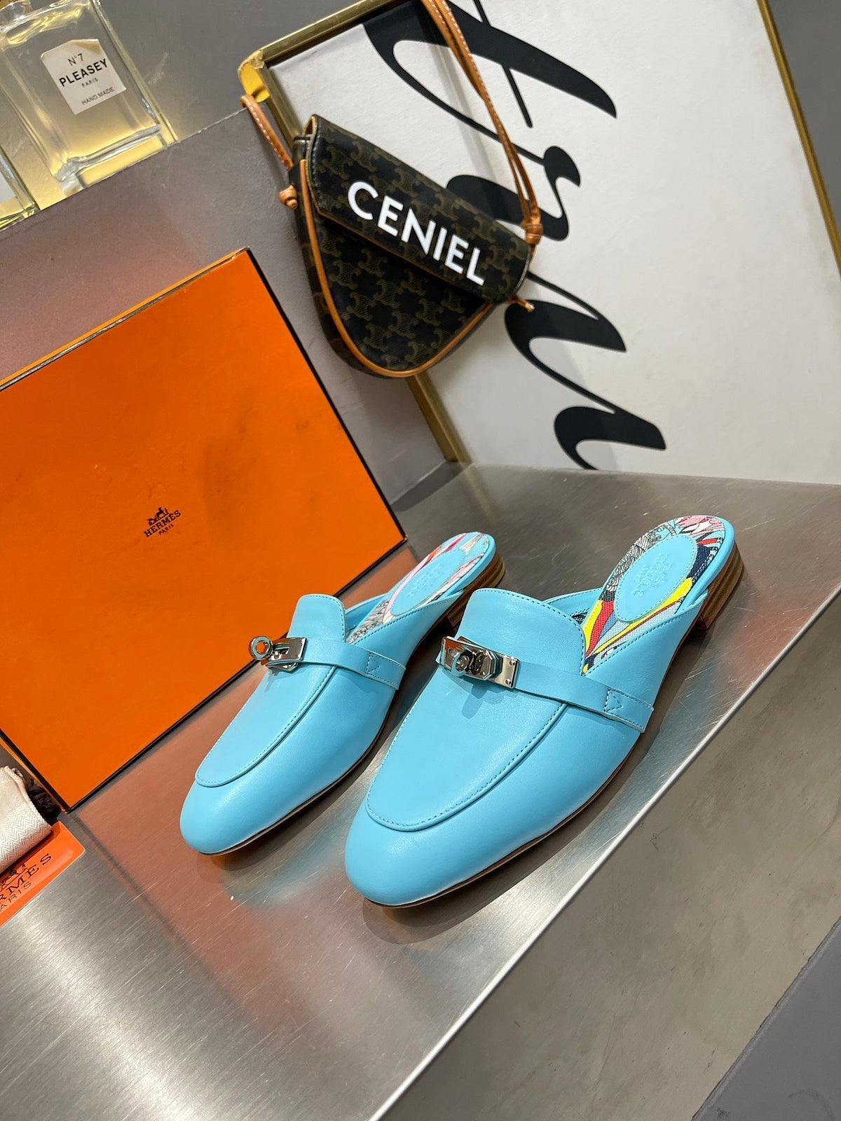 Hermes 0Z Mule Sky Calfskin with Pattern