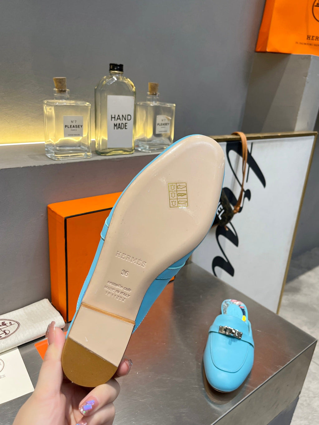 Hermes 0Z Mule Sky Calfskin with Pattern