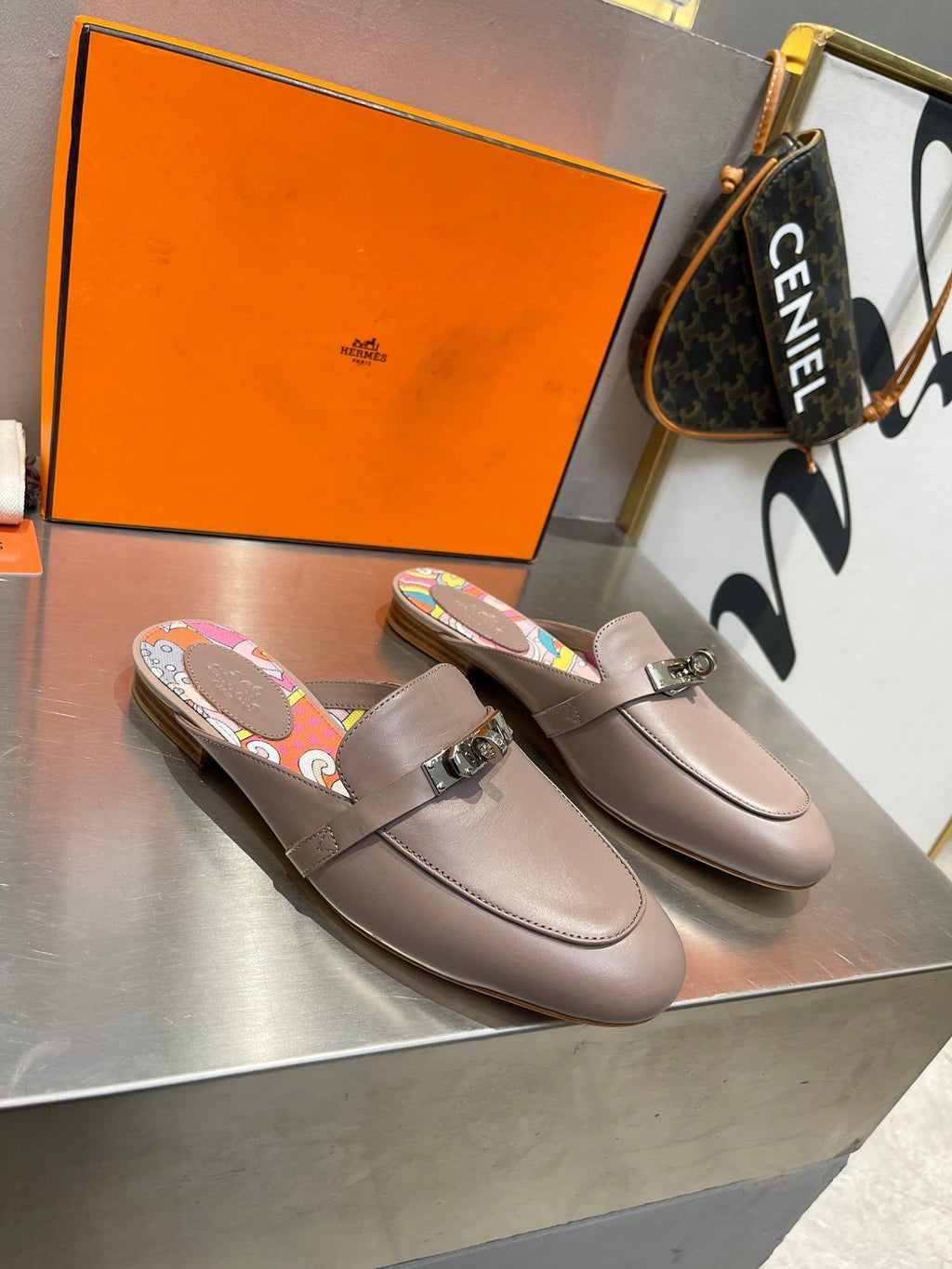Hermes 0Z Mule Ash Calfskin with Pattern