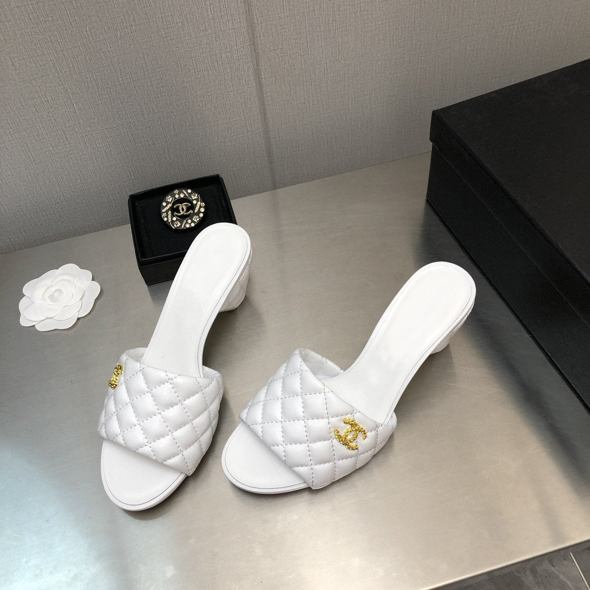 Chanel Rev Cone Heel Mule Slide Sandal White Quilted Lambskin 6cm