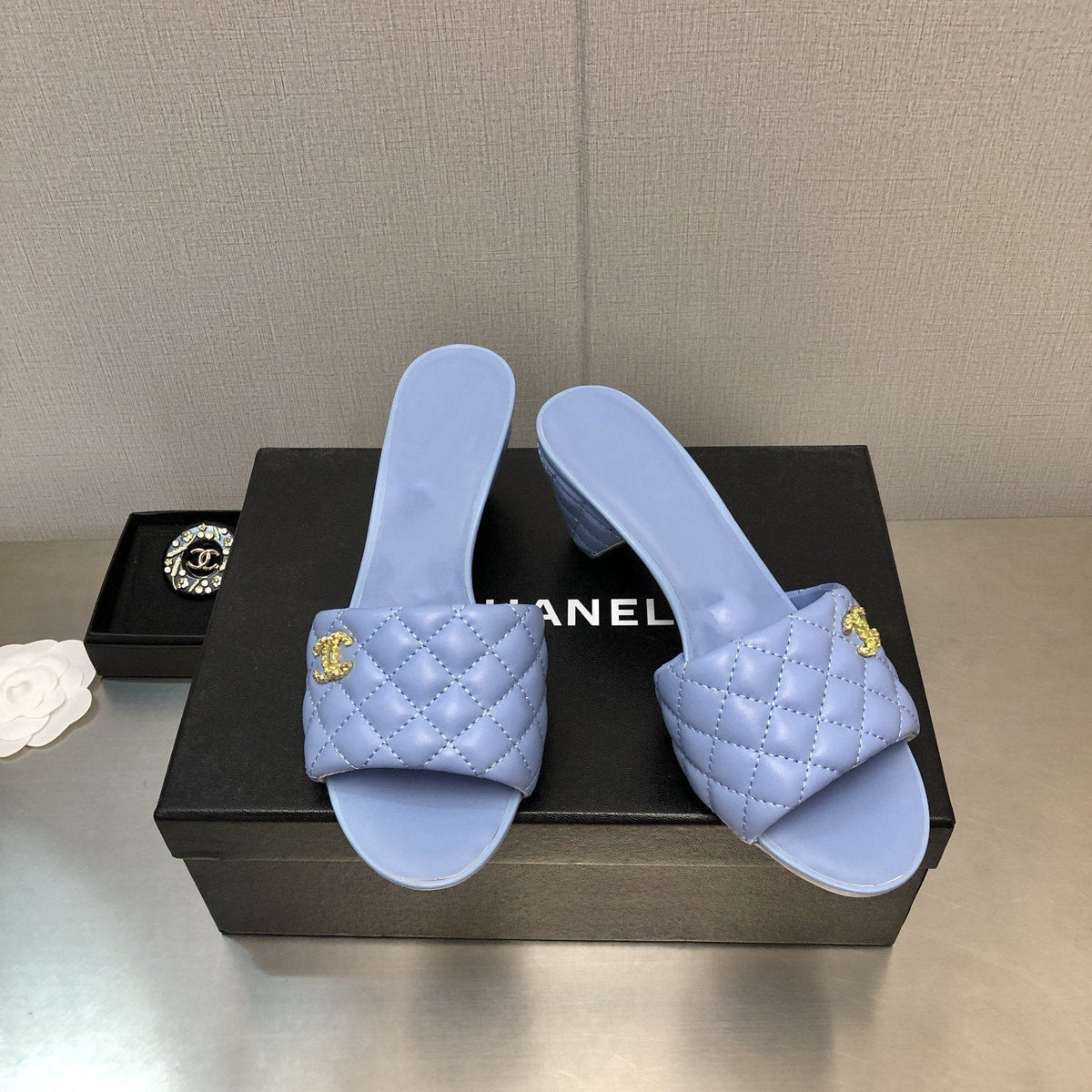 Chanel Rev Cone Heel Mule Slide Sandal Cloud Blue Quilted Lambskin 6cm