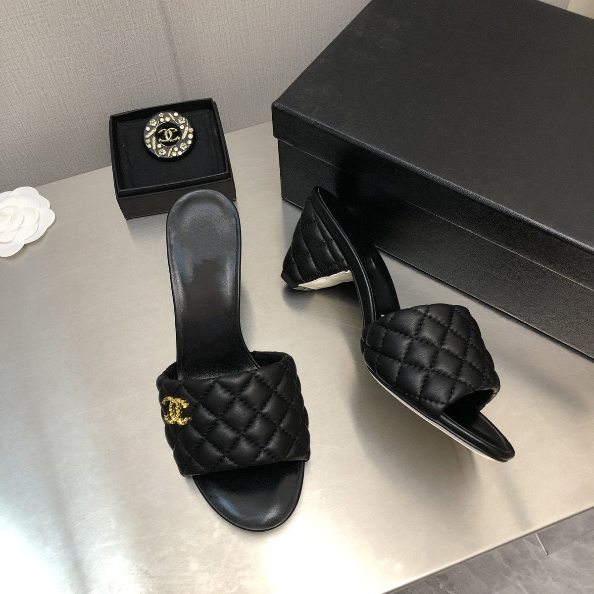 Chanel Rev Cone Heel Mule Slide Sandal Black Quilted Lambskin 6cm
