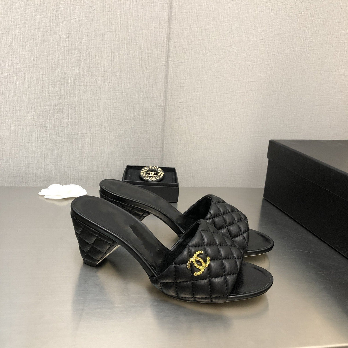 Chanel Rev Cone Heel Mule Slide Sandal Black Quilted Lambskin 6cm