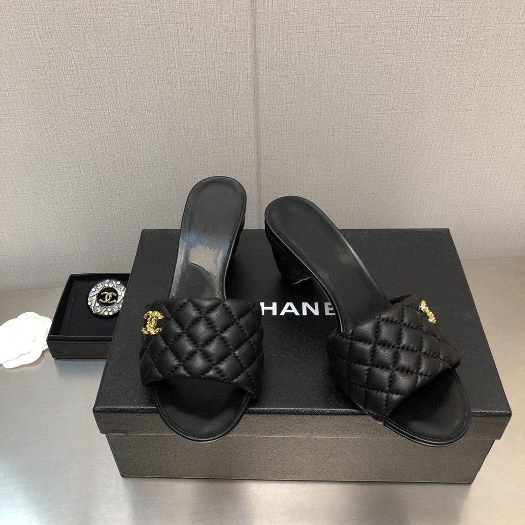 Chanel Rev Cone Heel Mule Slide Sandal Black Quilted Lambskin 6cm