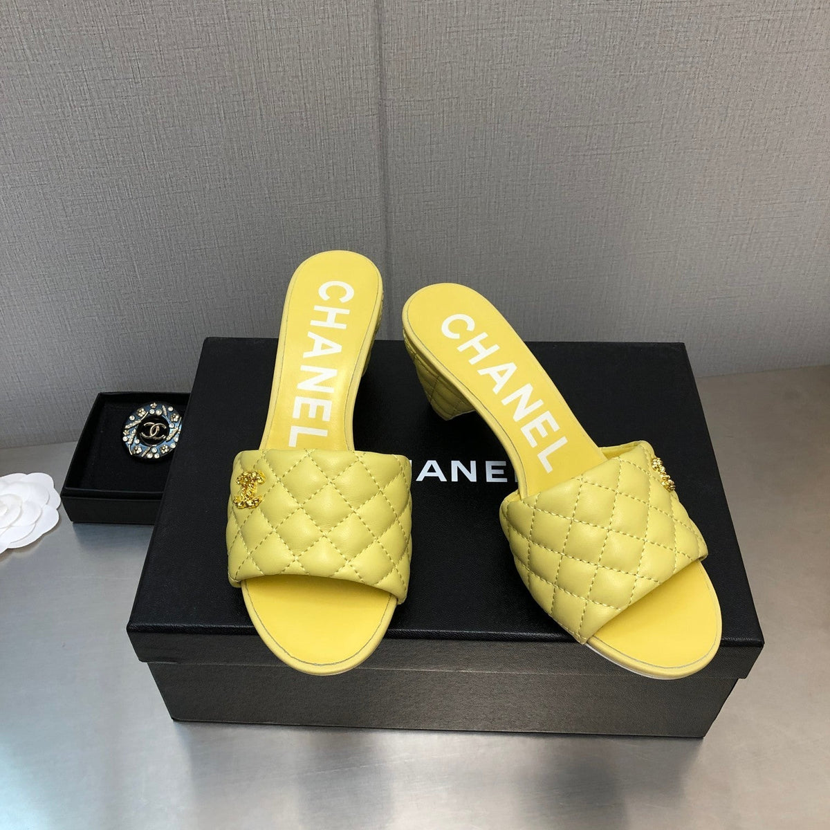 Chanel Diamond-Quilted 6 cm Sandals in Bright Yellow Lambskin