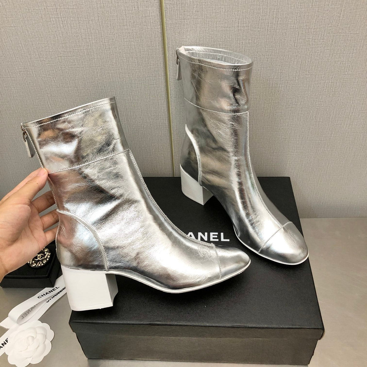 Chanel Block Heel Ankle Boots in Silver Calfskin