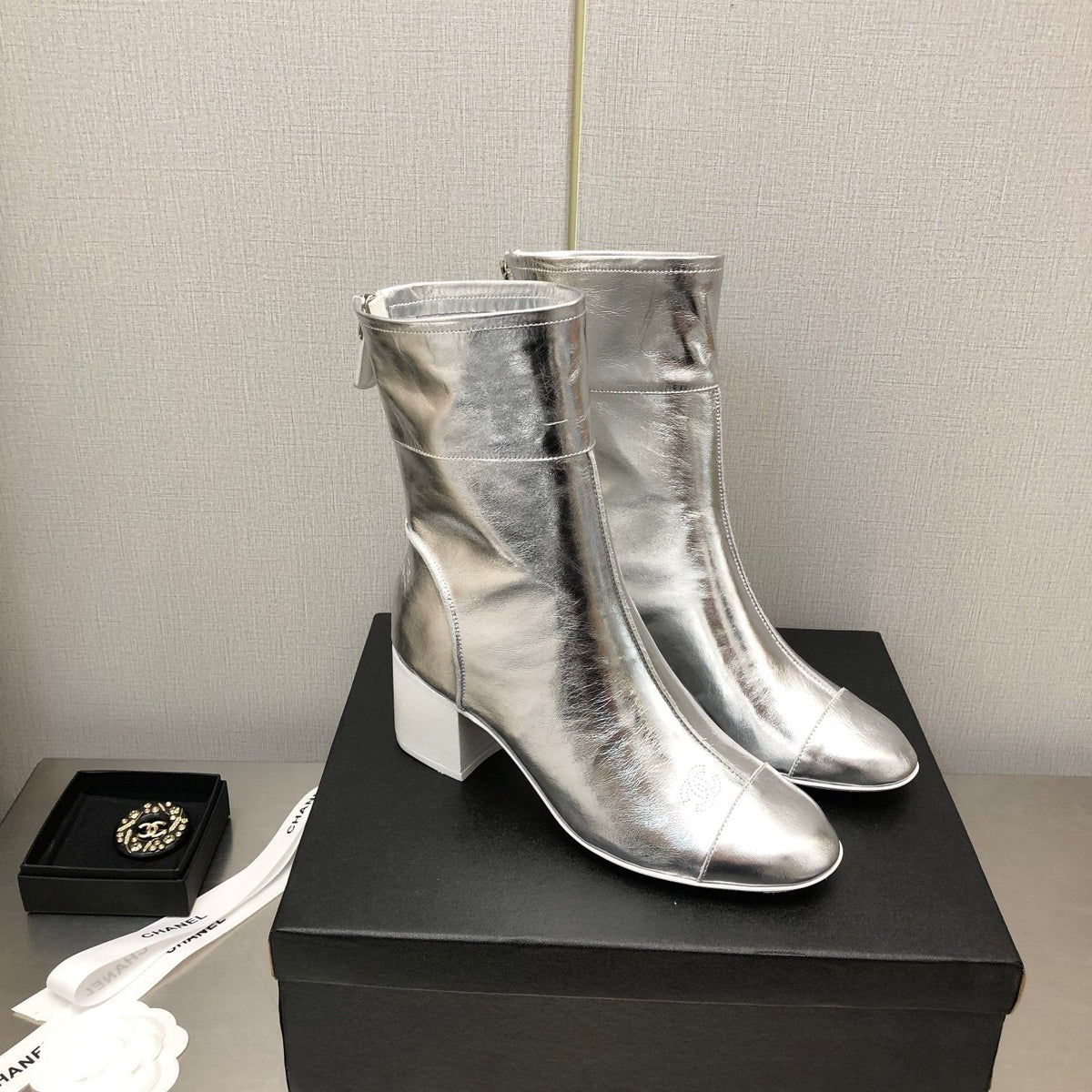 Chanel Block Heel Ankle Boots in Silver Calfskin