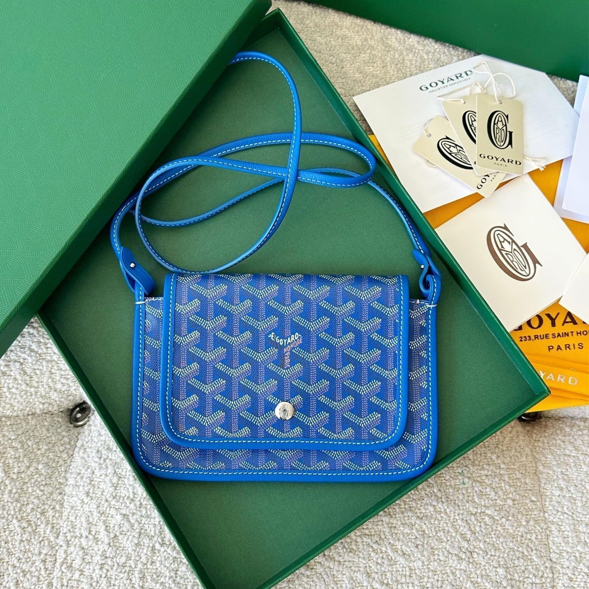 Goyard Plumet Pocket Wallet 20 in Sapphire Blue Goyardine Canvas and Lambskin Trim