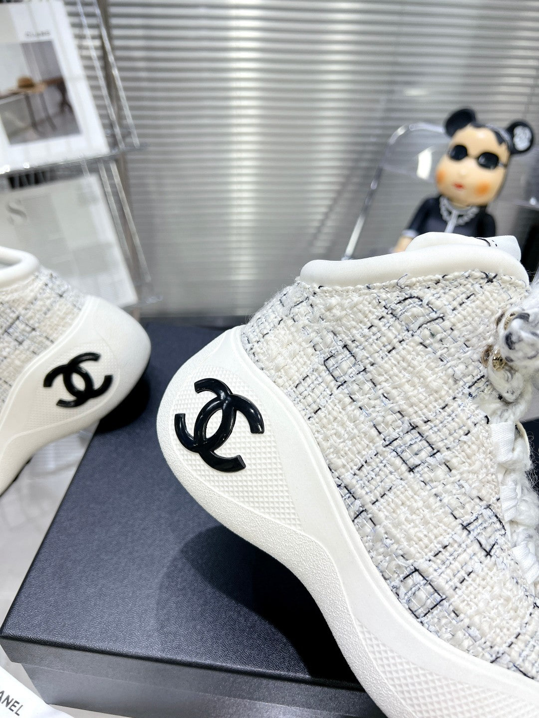 Chanel Cano Alto Sneaker in White Wool Tweed and Rubber