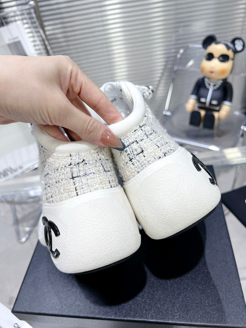 Chanel Cano Alto Sneaker in White Wool Tweed and Rubber