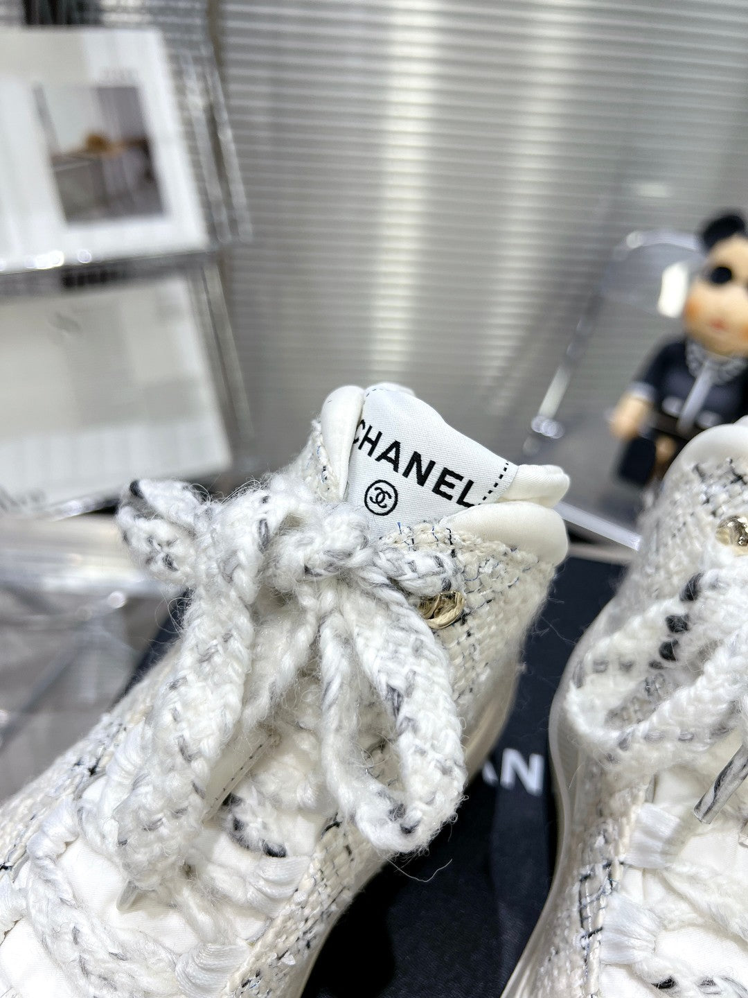 Chanel Cano Alto Sneaker in White Wool Tweed and Rubber
