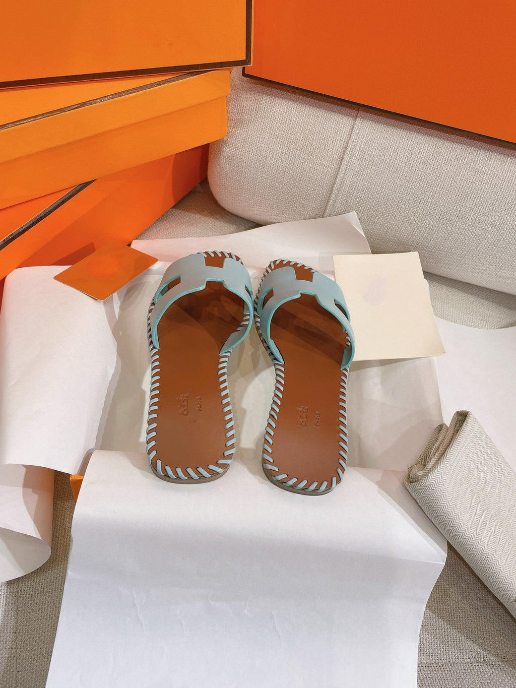 Hermes 0RAN Sandal Braided Calfskin Blue Sky