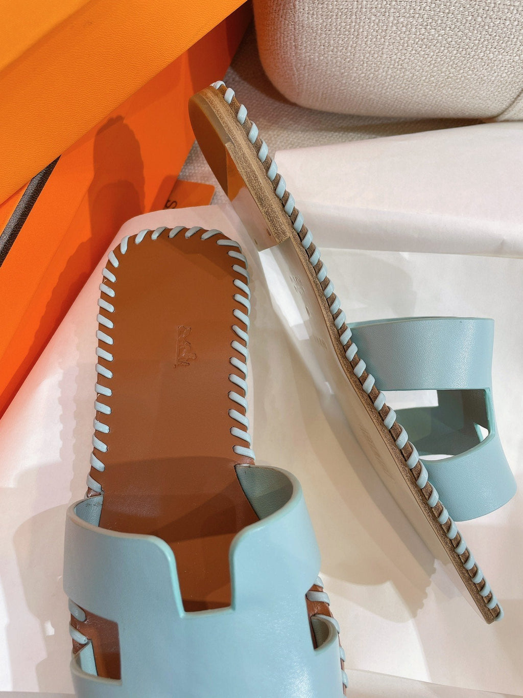 Hermes 0RAN Sandal Braided Calfskin Blue Sky