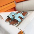 Hermes 0RAN Sandal Braided Calfskin Blue Sky