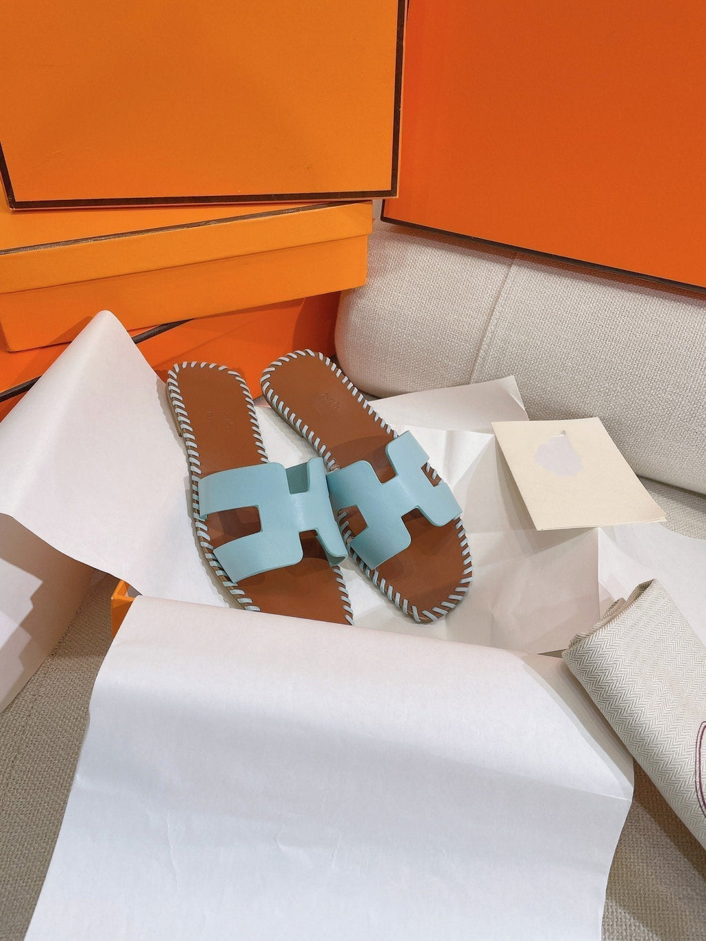 Hermes 0RAN Sandal Braided Calfskin Blue Sky