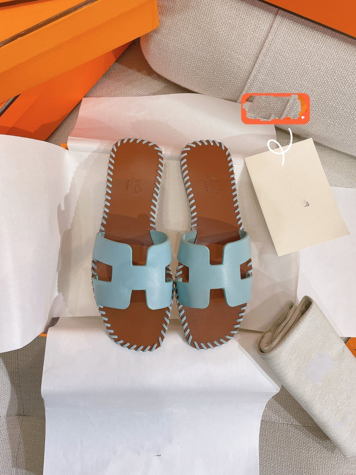 Hermes 0RAN Sandal Braided Calfskin Blue Sky