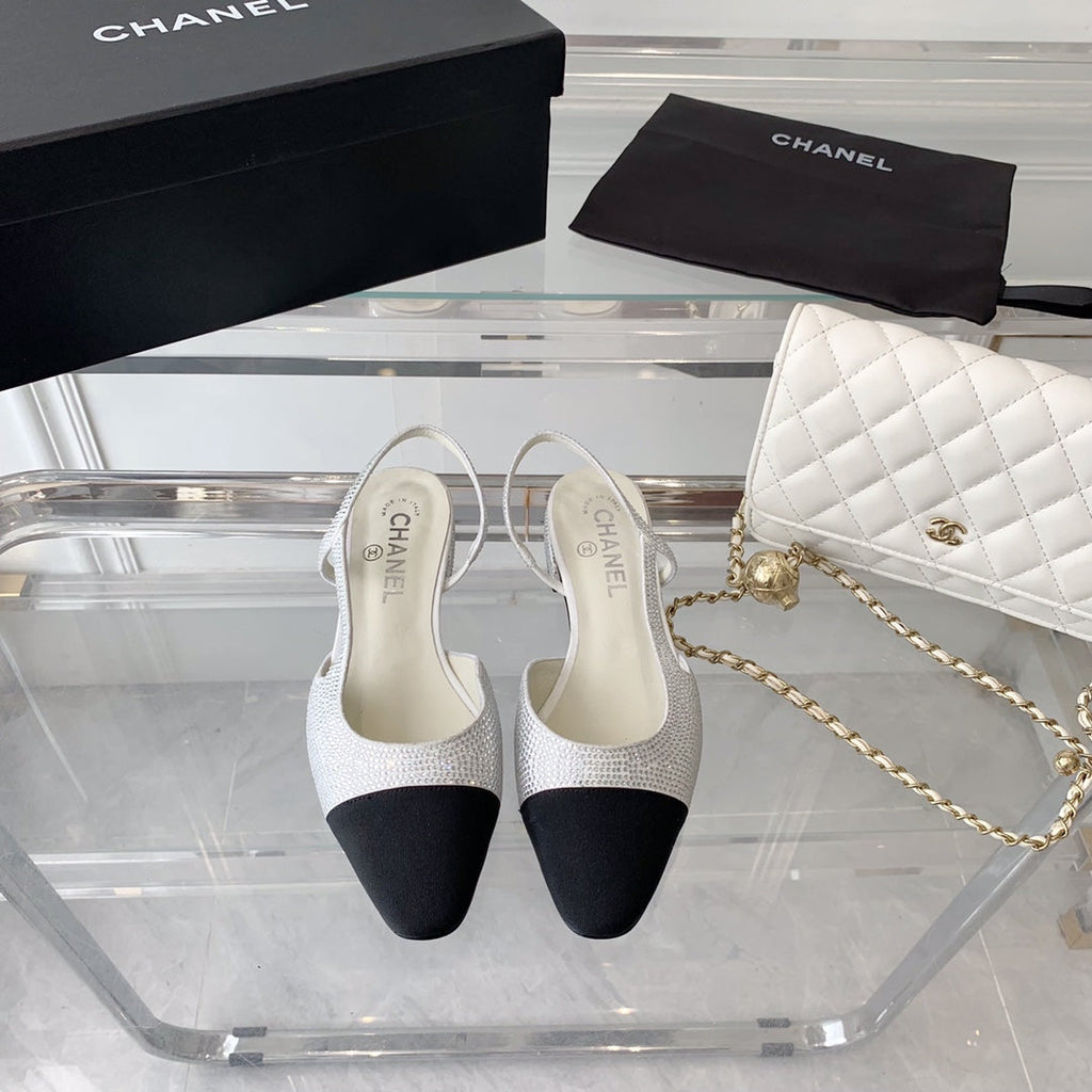 Chanel Double Rhinestone Slingback Sheepskin White Black