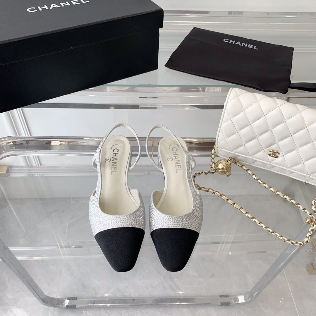 Chanel Double Rhinestone Slingback Sheepskin White Black