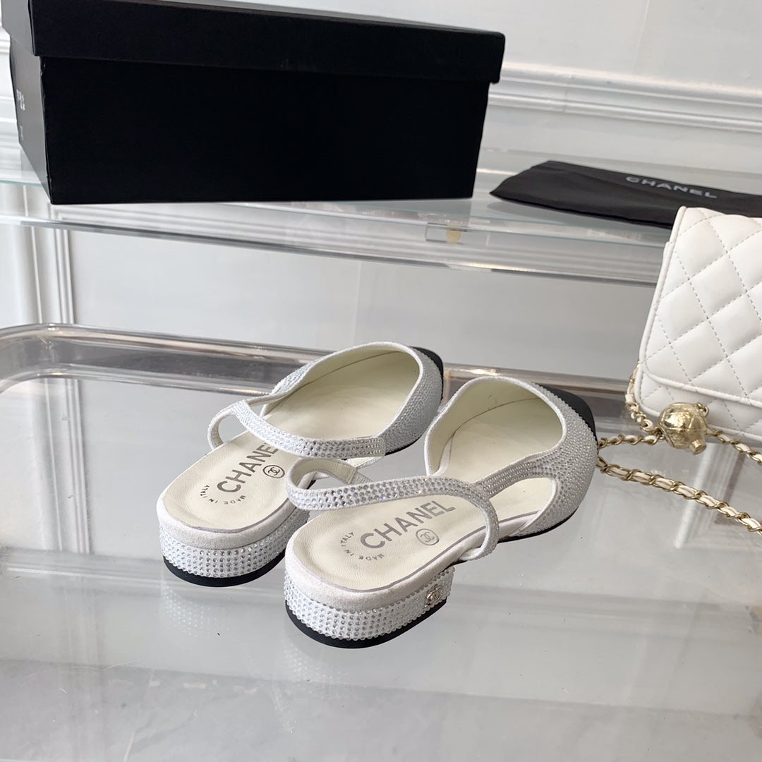 Chanel Double Rhinestone Slingback Sheepskin White Black