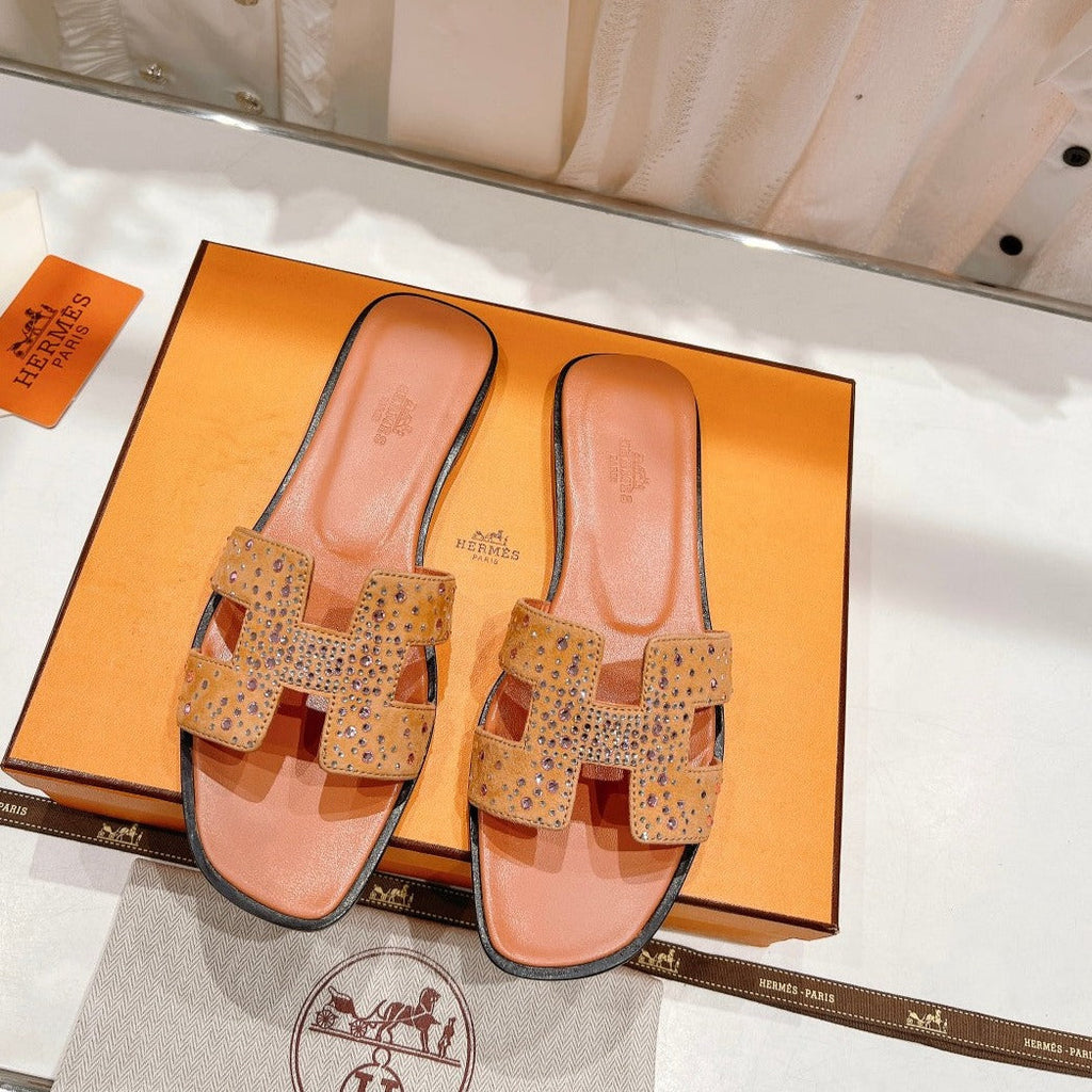 Hermes 0RAN Sandal Bright Orange Lambskin Attach Crystals