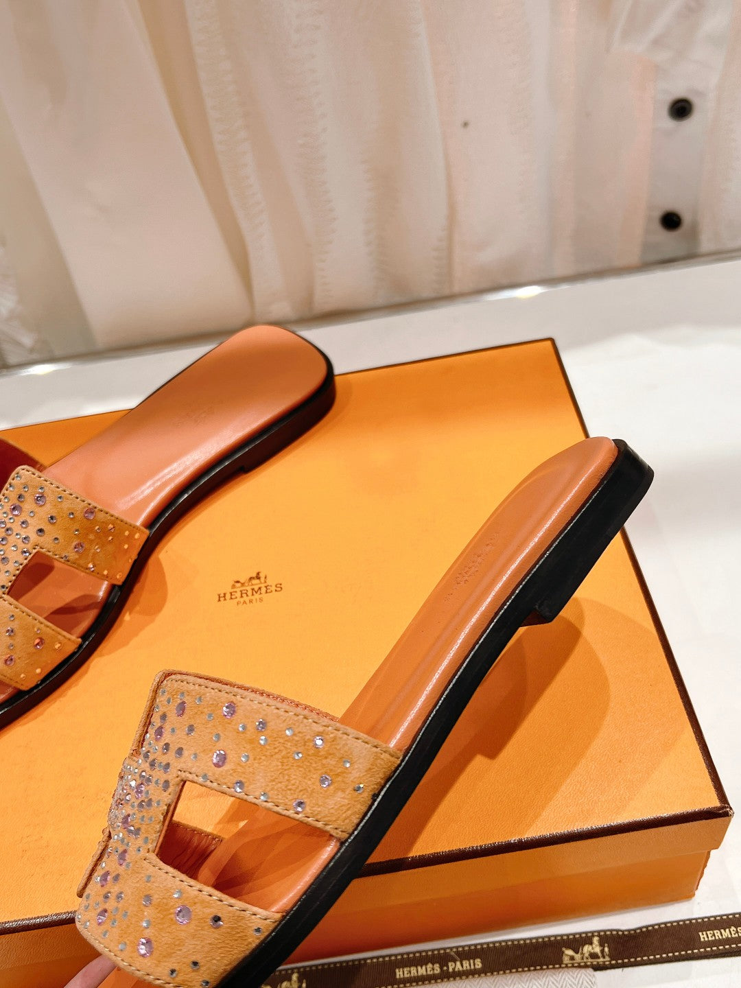 Hermes 0RAN Sandal Bright Orange Lambskin Attach Crystals