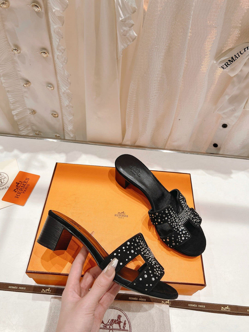 Hermes 0ASIS Sandals Black Lambskin Attach Crystal