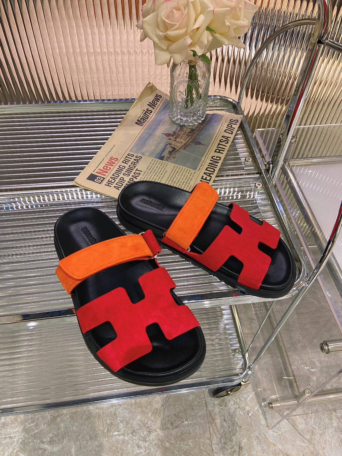 Hermes Chypre Sandal Red Mix Orange Suede