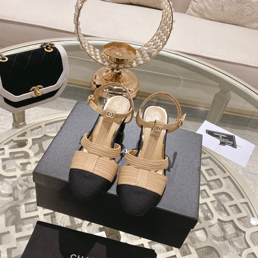 Chanel Double C Heeled Sandals Tan Cream Lambskin
