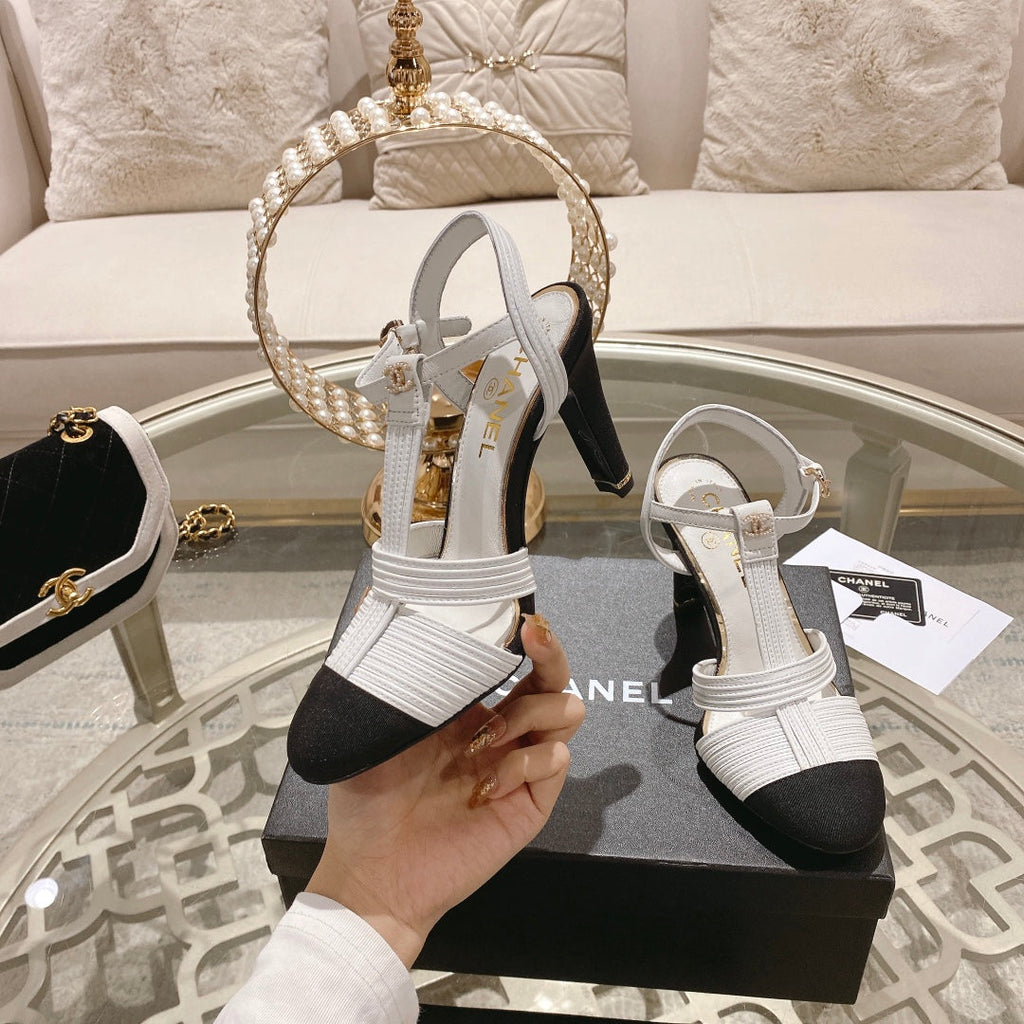 Chanel Double C Heeled Sandals White Black Lambskin