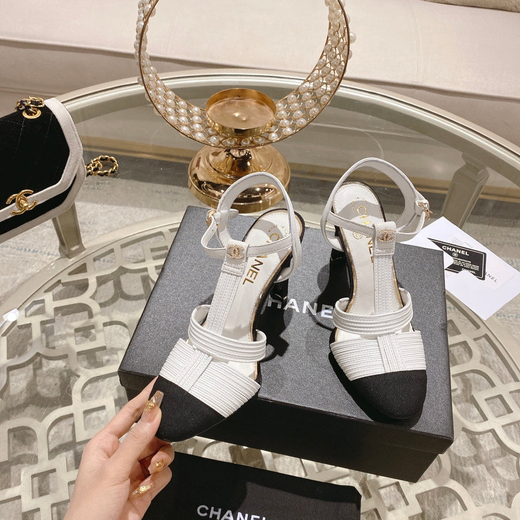 Chanel Double C Heeled Sandals White Black Lambskin
