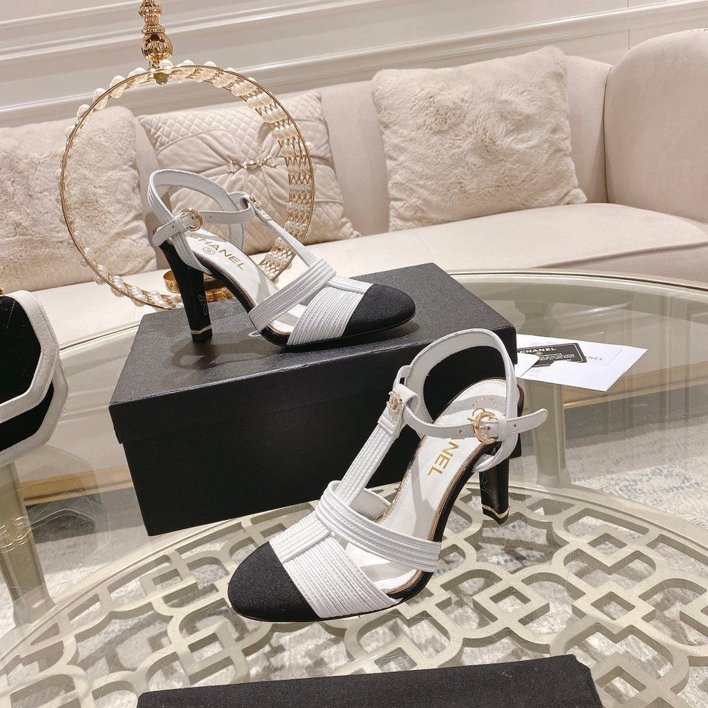 Chanel Double C Heeled Sandals White Black Lambskin