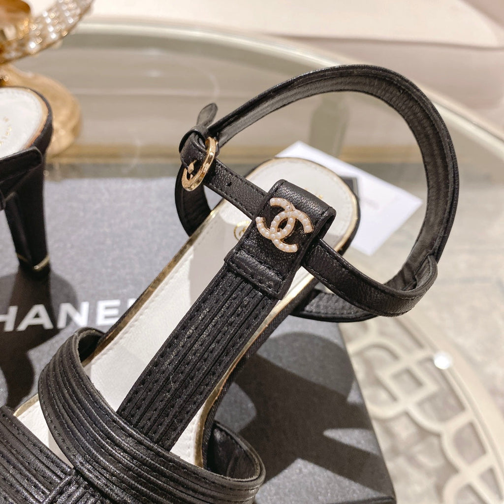 Chanel Double C Heeled Sandals Black Lambskin