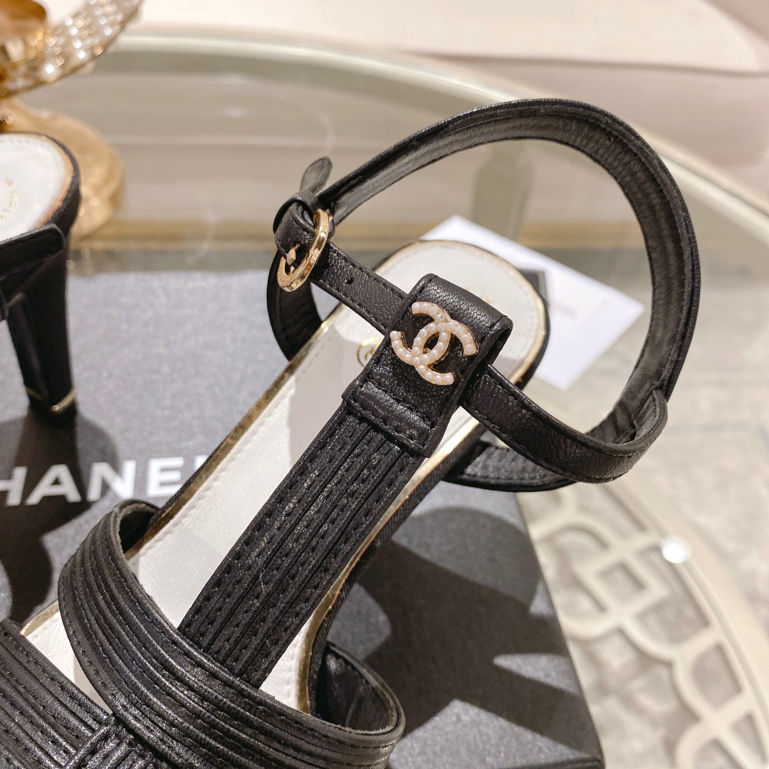 Chanel Double C Heeled Sandals Black Lambskin