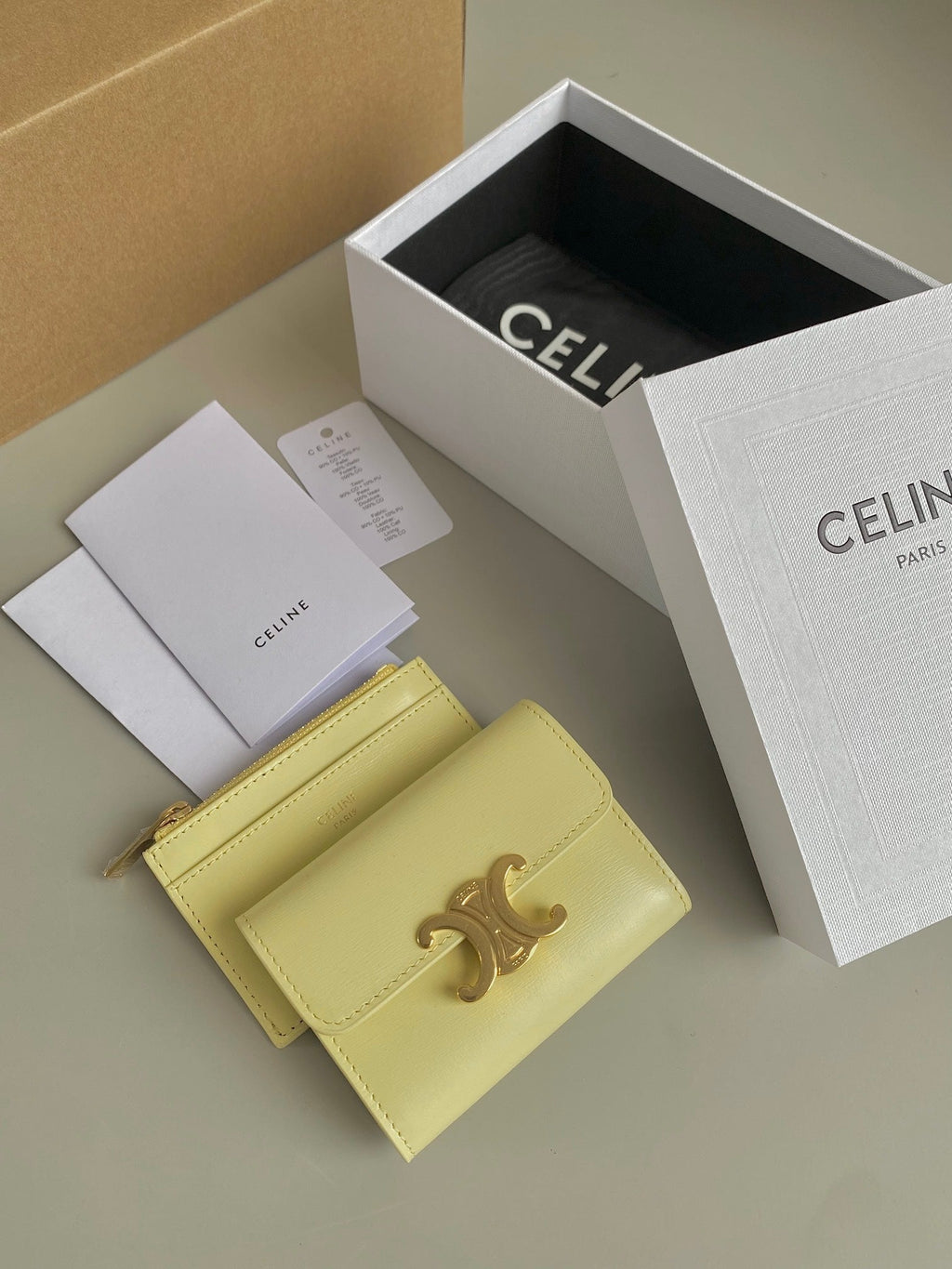 Celine Triomphe 9 Wallet Two-In-One Yellow Pastel Calfskin