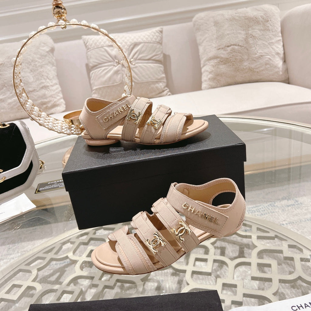 Chanel Double C Xiaoxiang Chain Fabric Head Chunky Sandal Cream Lambskin