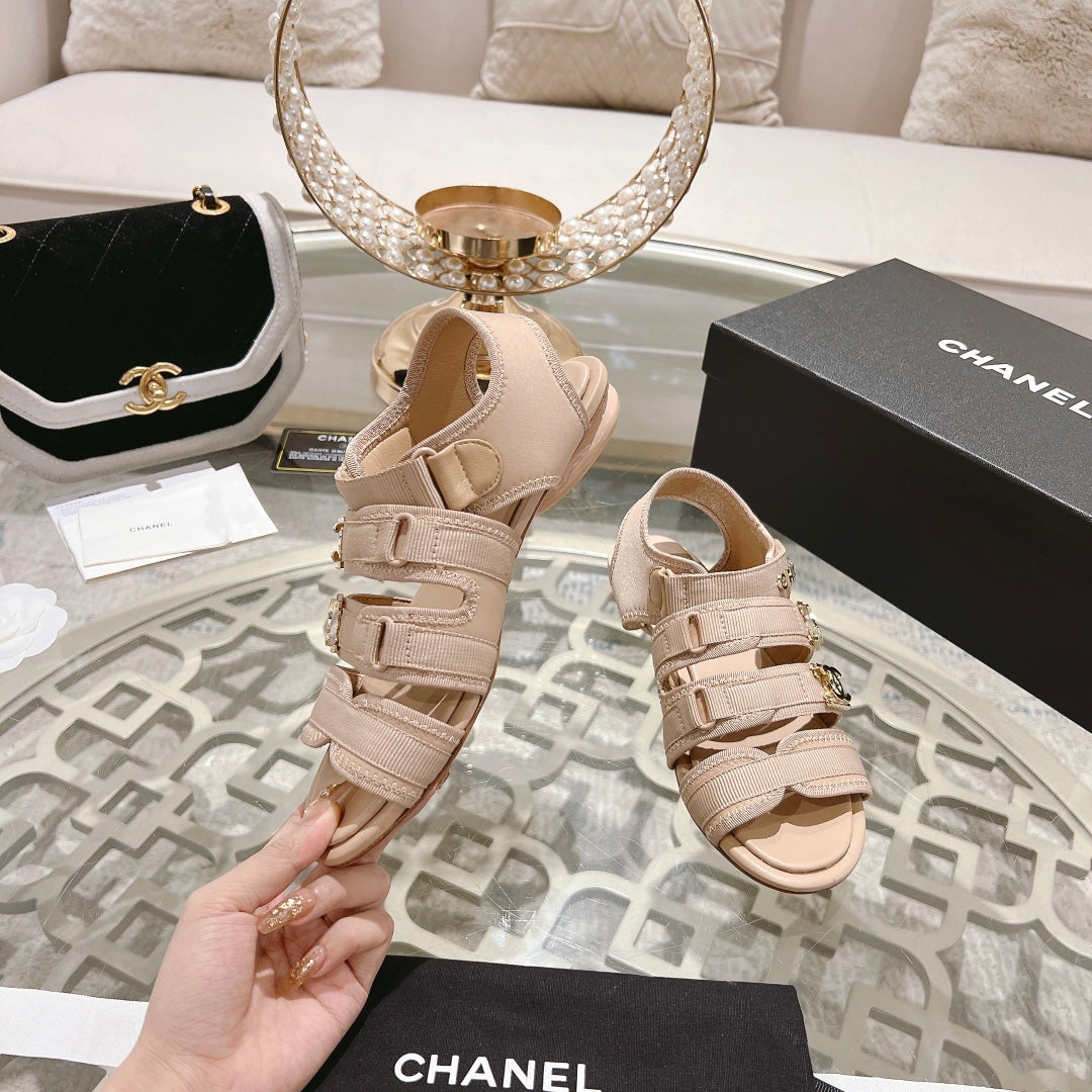 Chanel Double C Xiaoxiang Chain Fabric Head Chunky Sandal Cream Lambskin