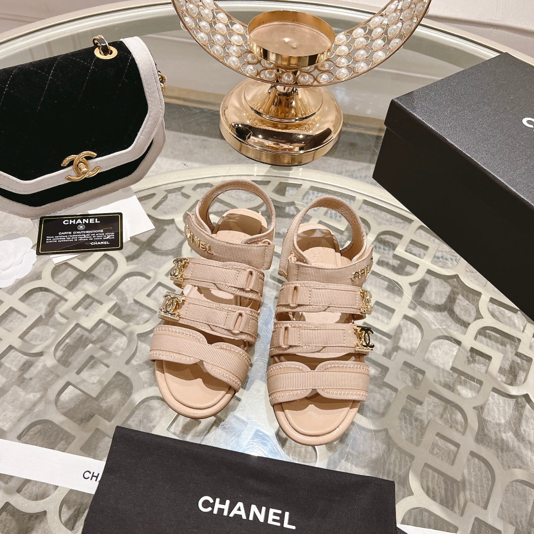 Chanel Double C Xiaoxiang Chain Fabric Head Chunky Sandal Cream Lambskin