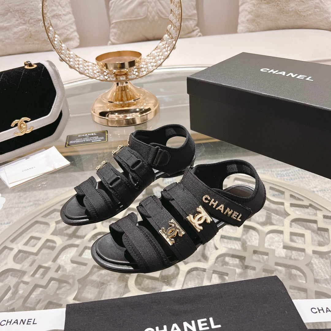 Chanel Double C Xiaoxiang Chain Fabric Head Chunky Sandal Black Lambskin