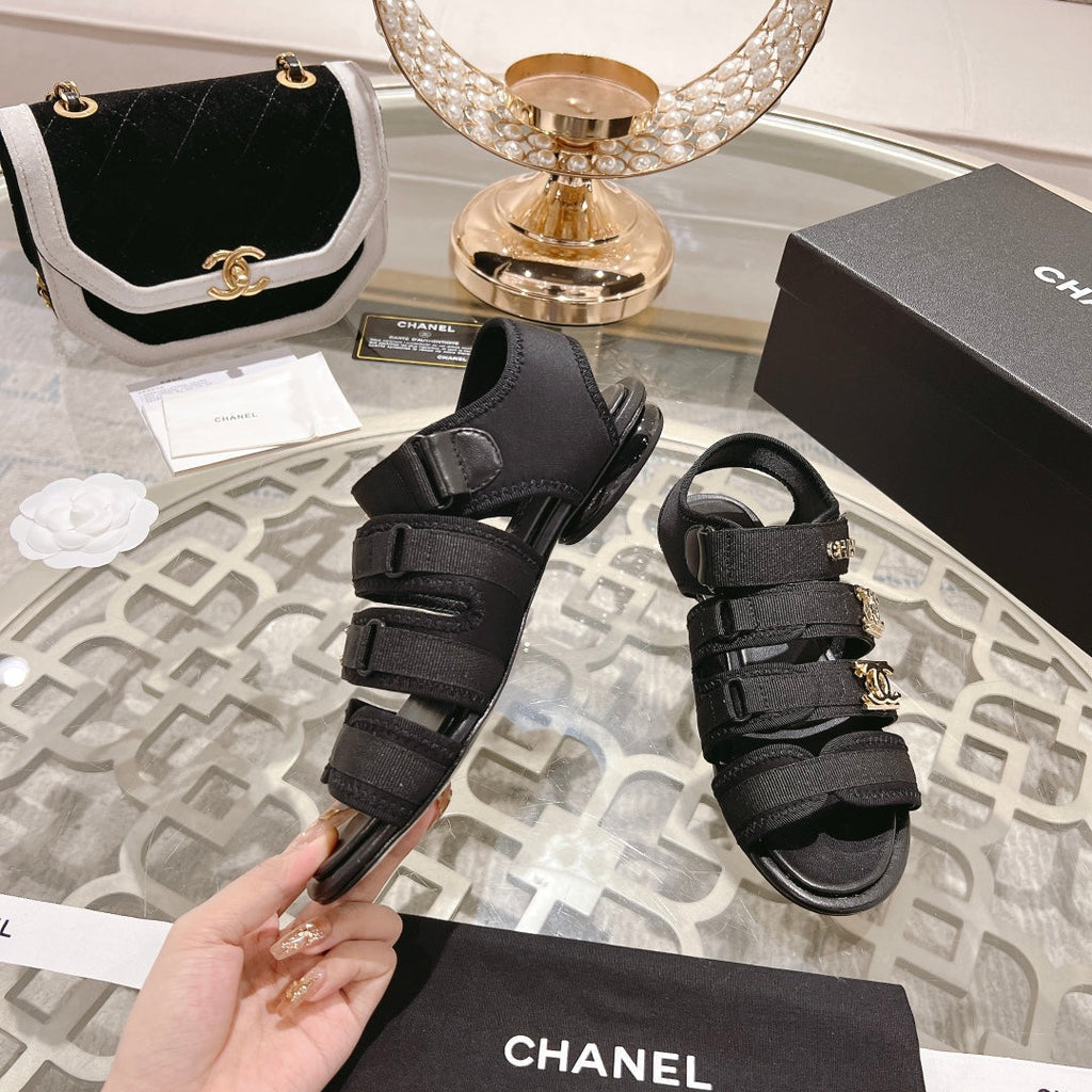 Chanel Double C Xiaoxiang Chain Fabric Head Chunky Sandal Black Lambskin