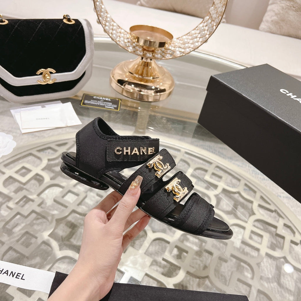 Chanel Double C Xiaoxiang Chain Fabric Head Chunky Sandal Black Lambskin