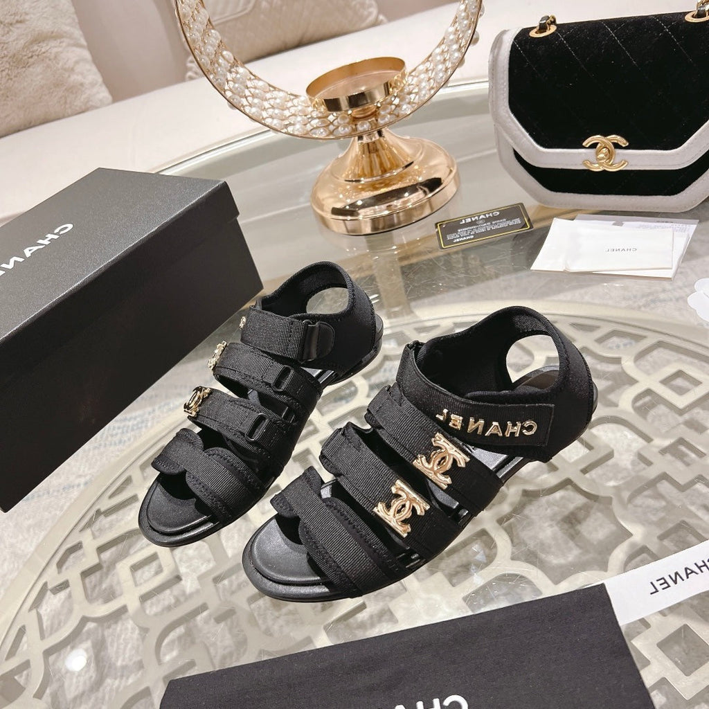 Chanel Double C Xiaoxiang Chain Fabric Head Chunky Sandal Black Lambskin