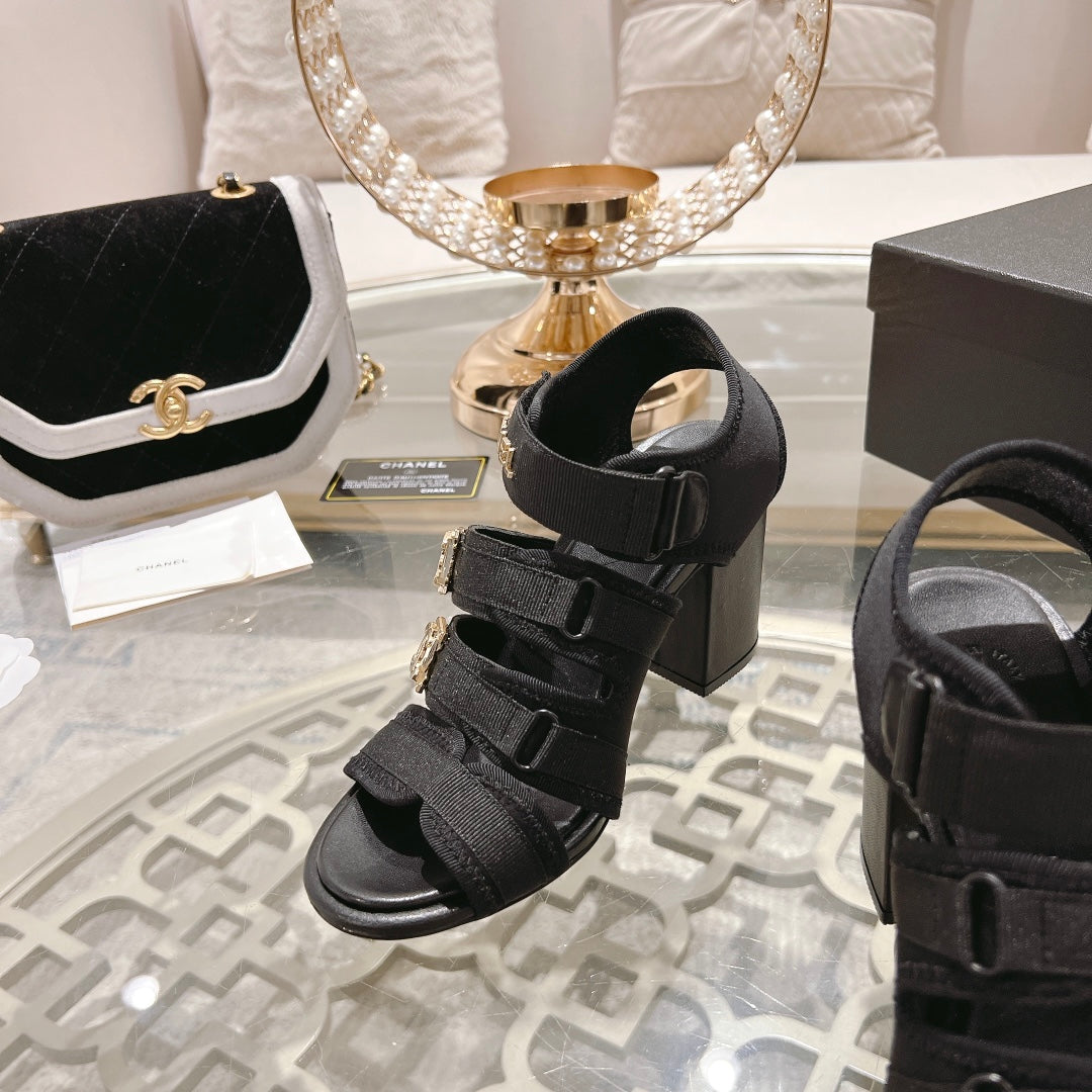 Chanel Double C Xiaoxiang Chain Fabric Head Chunky Heel Sandals Black Lambskin